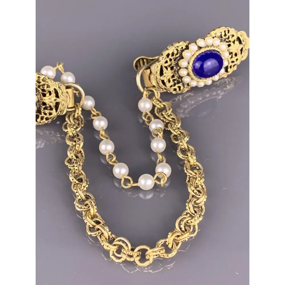 Fillagree Blue Cabochon Collar Chain Shirt Sweater Blouse Tassel 4.5